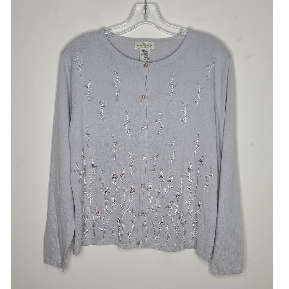 Yarnworks grey floral embroidery long sleeve cardigan sweater - medium petite MP